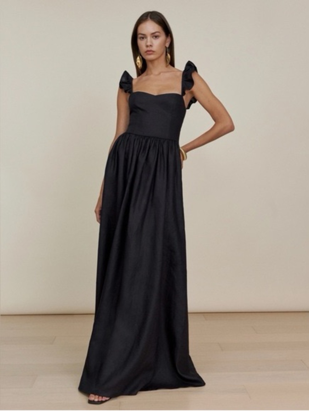 Reformation Black Ruffled Strap Linen Maxi Dress